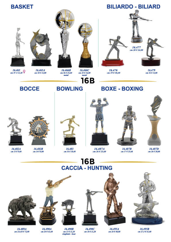 Trofei statuine premiazioni sportive biliardo, bocce, bowling, boxe, caccia